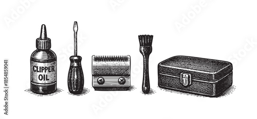 Vintage illustration of barber tools including clipper oil, screwdriver, trimmer blade, cleaning brush, and storage case on a white background.