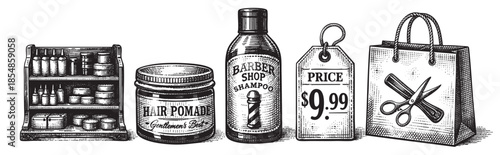 This vintage engraving depicts a barber shop shelf filled with hair products, a jar of pomade, shampoo bottle, price tag, and a shopping bag with scissors.