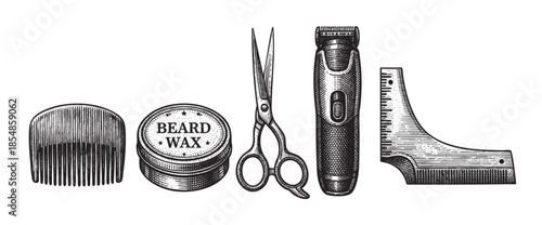 A collection of vintage style grooming tools for beards, including a comb, wax tin, scissors, trimmer, and shaping guide, rendered in a black and white engraving illustration.