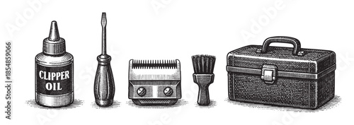 Vintage style engraving of a barber's toolkit including clipper oil, screwdriver, clippers, brush, and case. Perfect for grooming, history, or DIY themes.