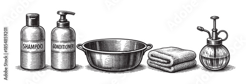 A charming, retro-style illustration features shampoo and conditioner bottles, a basin, folded towels, and a spray bottle, ideal for beauty, spa, or vintage-themed designs.