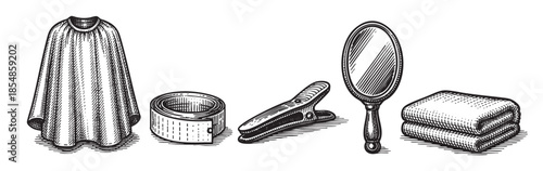 A collection of vintage line art illustrations features a garment, measuring tape, clothes clip, hand mirror, and folded towels on a white background.