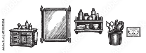 This black and white illustration depicts a collection of vintage barber shop items, including a vanity, mirror, bottles, and grooming tools, evoking a retro and classic atmosphere.