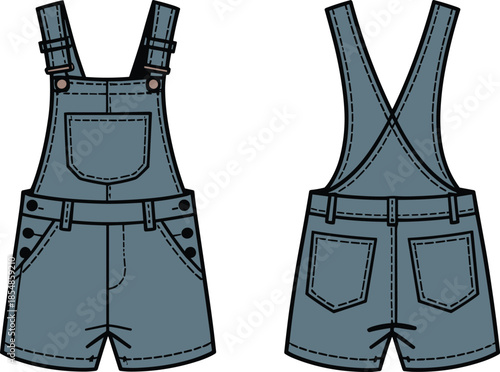 Short denim overalls vector set with front and back fashion sketch, bib pocket, crisscross straps, belt loops, and button closure details
