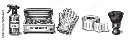 Black and white engraving style illustration of hygiene and sanitation tools including spray, UV sterilizer, gloves, bandage, and shaving brush for medical or grooming use.