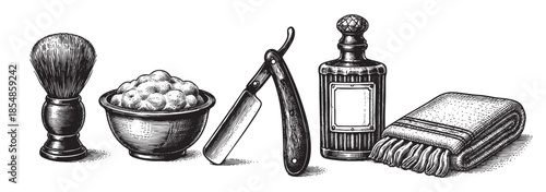 A collection of vintage grooming essentials rendered in a classic black and white engraving style, perfect for retro barber shop designs or traditional masculine themes.