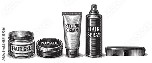 A vintage-style illustration depicts a collection of hair styling products including hair gel, pomade, styling cream, and hair spray, along with a comb, all presented in black and white.