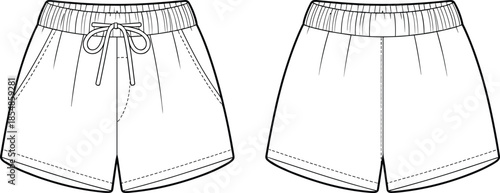 Shorts technical vector set, front and back fashion flat sketch with drawstring waistband, seam details, garment construction, apparel design illustration