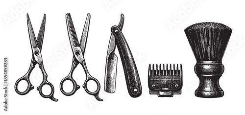 A line-up of classic barber tools including scissors, a straight razor, clipper guard, and shaving brush, rendered in a black and white vintage engraving style.