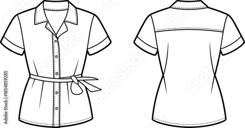 Short-sleeve blouse vector set with front and back fashion sketch, button placket, waist tie belt, cuffed sleeves, and yoke detail