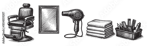 Vintage illustration of essential barber shop equipment including a barber chair, mirror, hairdryer, towels, and grooming tools, presented in a classic engraved style.