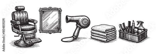 A hand-drawn black and white illustration depicts vintage barber shop essentials including a chair, mirror, hairdryer, towels, and grooming tools, evoking a classic, retro aesthetic.