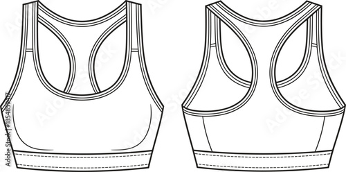 Sports bra technical flat sketch, front and back view, racerback activewear design, fashion garment construction vector for apparel, fitness, and branding