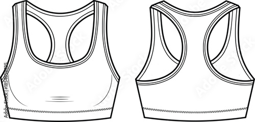 Sports bra technical flat sketch, front and back view, racerback activewear design, fashion garment construction vector for fitness apparel and branding