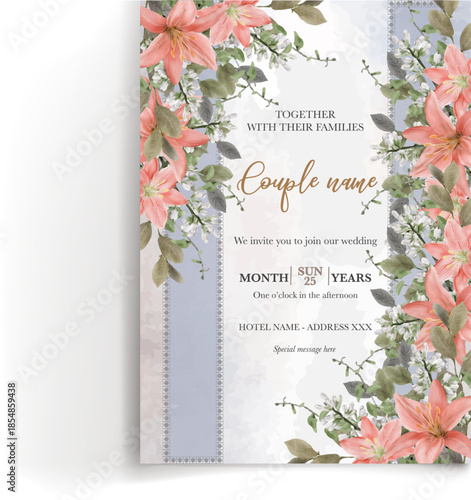 WEDDING INVITATION FRAME WITH FLOWER DECORATIONS AND FRESH LEAVES