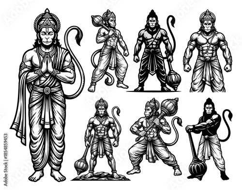 Lord Hanuman Standing and Kneeling Illustrations Showcasing Muscular Anatomy and Devotional Postures in a Classic Comic Book Ink Style for Modern Media.