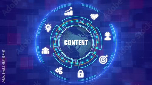 Digital Content Strategy and Creative Media Management Concept with Futuristic HUD Interface and Global Networking Icons - 4K