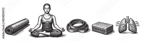 This black and white woodcut style illustration features a person meditating on a yoga mat, surrounded by exercise accessories like resistance bands and blocks, and a pair of lungs.