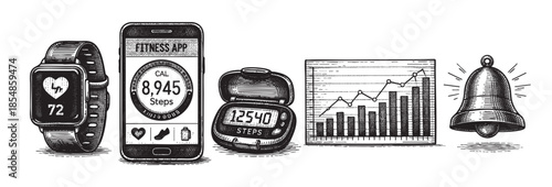 This is a retro style illustration of fitness devices including a smartwatch, smartphone with a fitness app, pedometer, and a bell, along with a bar graph.