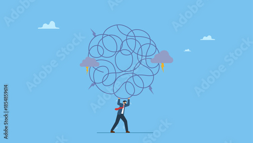 Exhausted businessman carrying heavy messy line. Stress burden, anxiety from work difficulty and overload, problem in economic crisis or pressure from too much responsibility.