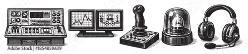 A black and white illustration depicts vintage electronic equipment including a control panel, dual monitors, joystick, siren, and headphones, suggesting retro technology and navigation.