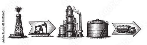 A woodcut style illustration depicting an industrial landscape with oil rigs, factories emitting smoke, billowing clouds, and a radiant sun.