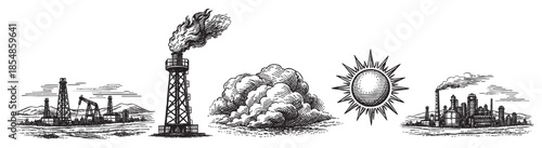 A woodcut style illustration depicting an industrial landscape with oil rigs, factories emitting smoke, billowing clouds, and a radiant sun.