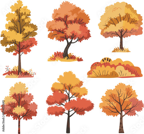 Cartoon autumn trees and shrubs vector set, colorful foliage, yellow orange red brown leaves, seasonal garden plants, fall botanical clipart, decorative landscape illustration