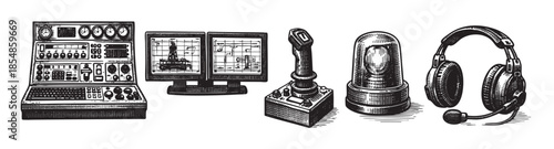 A black and white illustration depicts vintage electronic equipment including a control panel, dual monitors, joystick, siren, and headphones, suggesting retro technology and navigation.