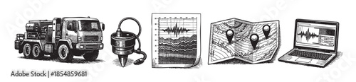 A black and white illustration depicts scientific equipment and data related to seismic surveys, including a truck, geophone, seismograph reading, map, and laptop displaying waveforms.