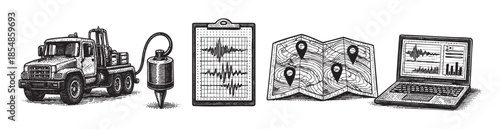 A black and white illustration depicts scientific equipment and data related to seismic surveys, including a truck, geophone, seismograph reading, map, and laptop displaying waveforms.