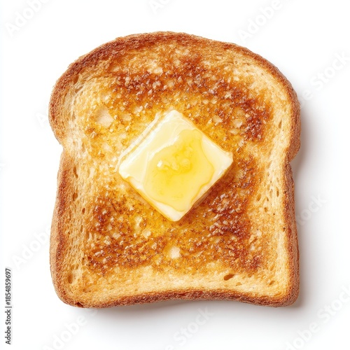 A slice of toasted bread with a square pat of melting butter on a white background. The bread is golden-brown