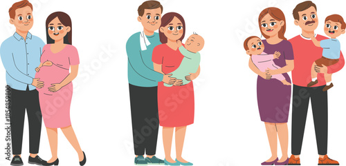 Happy family stages from pregnancy to parenthood, parents with newborn baby and toddler, loving couple, cartoon illustration, vector set, design