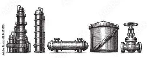 Vintage black and white illustration of various industrial refinery components, including distillation towers, storage tanks, and a valve, set against a white background.