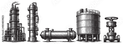Vintage black and white illustration of various industrial refinery components, including distillation towers, storage tanks, and a valve, set against a white background.
