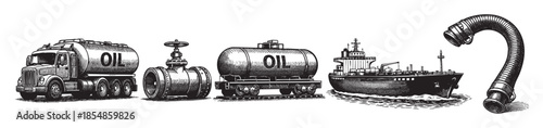 A vintage black and white illustration depicts various methods of oil transportation, including a tanker truck, train car, cargo ship, and loading hose, representing the energy industry.