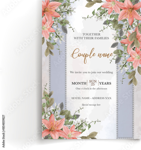 WEDDING INVITATION FRAME WITH FLOWER DECORATIONS AND FRESH LEAVES