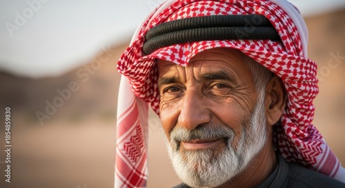 Close-up portrait of a smiling elderly Middle Eastern man wearing traditional red and white keffiyeh in a desert landscape.