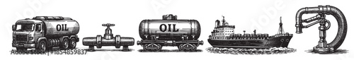 A vintage black and white illustration depicts various methods of oil transportation, including a tanker truck, train car, cargo ship, and loading hose, representing the energy industry.