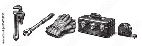 A collection of vintage-style tools including a pipe wrench, socket wrench, gloves, toolbox, and tape measure are arranged against a white background.
