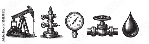 A black and white, retro engraving style illustration showcasing essential oil industry equipment: a pump jack, wellhead, pressure gauge, valve, and a drop of oil, against a clean white background.