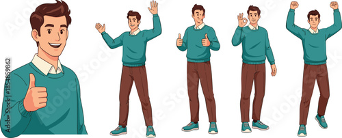 Happy young man character set showing positive gestures, thumbs up, success emotions, casual male avatar, cartoon illustration, vector design, collection