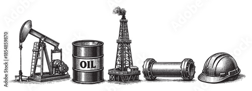 A detailed black and white illustration showcases vintage oil industry equipment including a pump jack, oil barrel, drilling rig, pipeline segment, and hard hat arranged horizontally.
