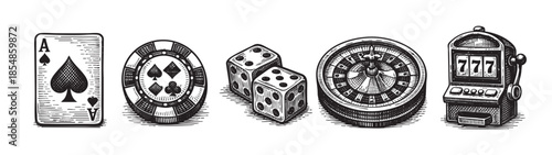 A row of classic casino gambling objects including an ace of spades playing card, poker chip, dice, roulette wheel, and a slot machine, rendered in a black and white woodcut engraving style.