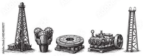A black and white vintage illustration depicts various oil and gas industry equipment including a derrick, drill bit, rotary table, and engine.