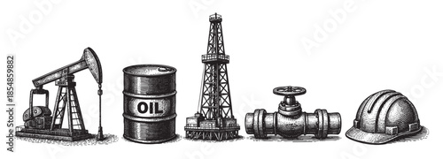 A collection of engraved style illustrations of oil industry equipment, including a pumpjack, barrel, rig, valve, and hard hat, set against a white background for versatile use.