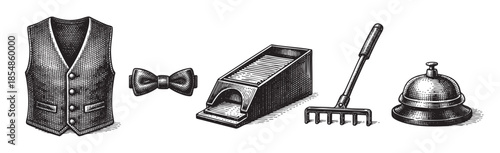 A collection of vintage etched objects including a vest, bow tie, card holder, rake, and bell, rendered in a classic black and white illustration style.