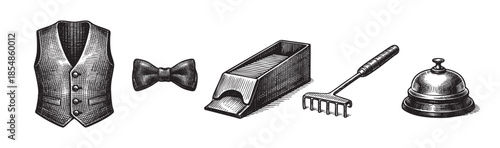 Black and white line art illustration featuring vintage items like a formal vest, bowtie, bellhop service bell, and a small rake with a tray, evoking a retro or antique feel.