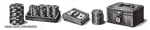A vintage style illustration in black and white depicts stacks of poker chips, cash money, coins, and a locked chest, representing wealth, gambling, and security.