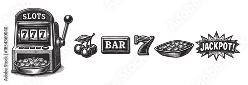 Black and white illustration of classic slot machine elements including the machine, cherries, bar, lucky seven, and a jackpot burst, rendered in a vintage woodcut style.